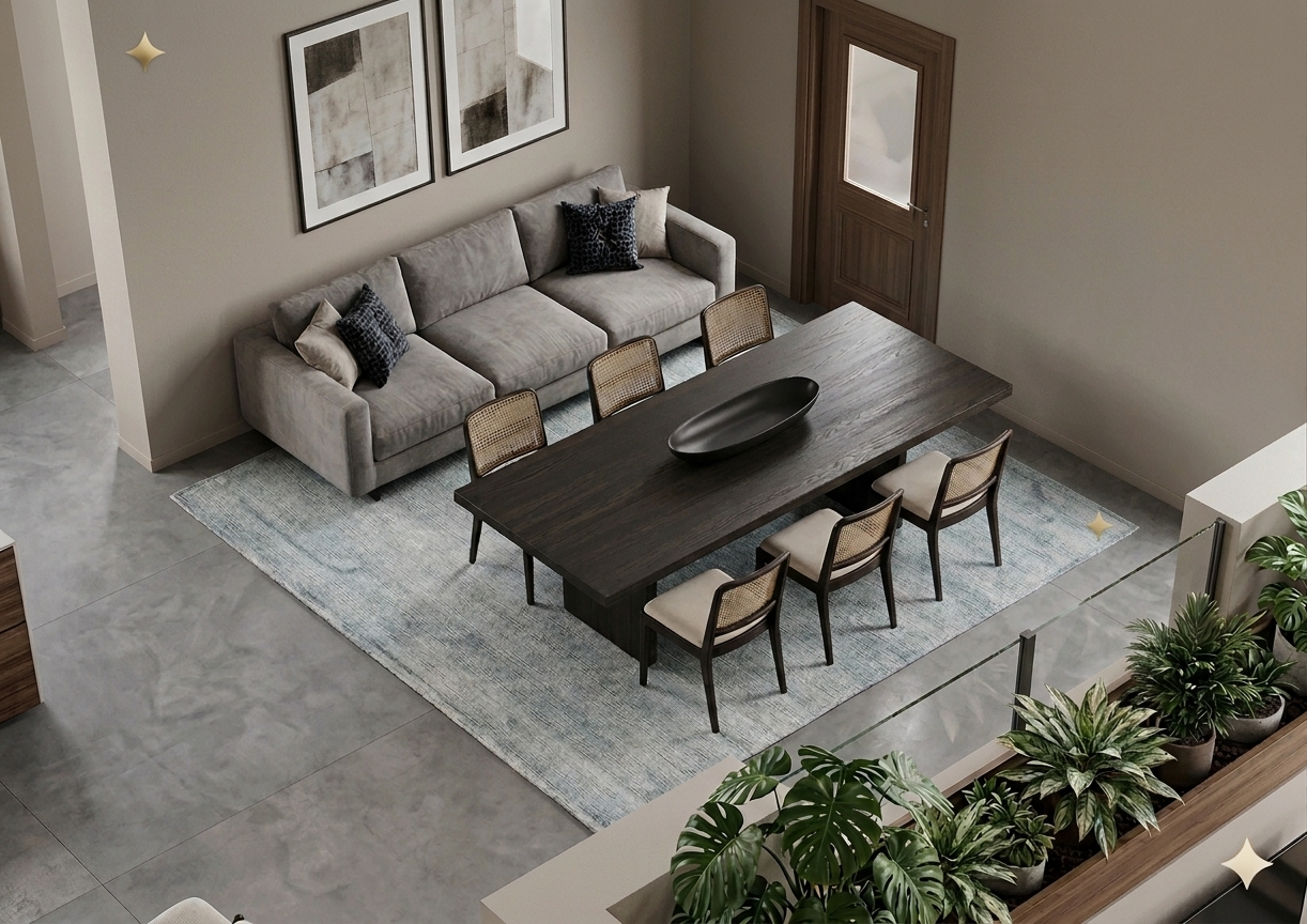 Render dall'alto del soggiorno al primo piano